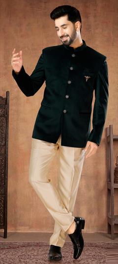 Party Wear Green color Jodhpuri Suit in Velvet fabric with Embroidered, Sequence, Thread work : 1933397