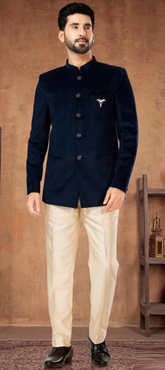 Party Wear Blue color Jodhpuri Suit in Velvet fabric with Embroidered, Sequence, Thread work : 1933405