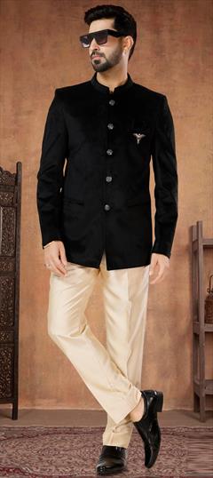 Party Wear Black and Grey color Jodhpuri Suit in Velvet fabric with Embroidered, Sequence, Thread work : 1933406