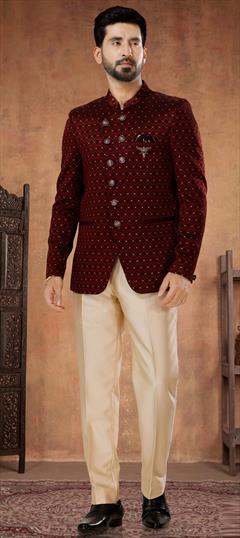 Party Wear Red and Maroon color Jodhpuri Suit in Jacquard fabric with Embroidered, Sequence, Thread work : 1933407