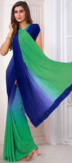 Festive, Party Wear, Traditional Blue, Green color Saree in Crepe Silk, Silk fabric with Classic Ombre, Printed work : 1933480