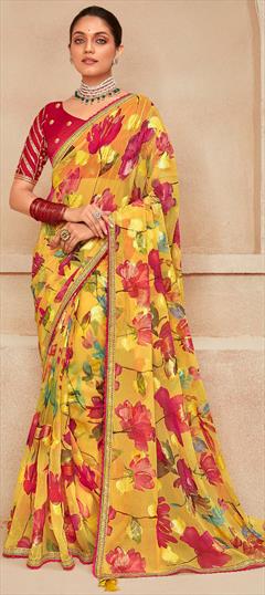 Engagement, Festive, Reception Yellow color Saree in Georgette fabric with Classic Floral, Lace, Printed work : 1933506