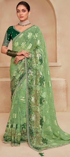 Engagement, Festive, Reception Green color Saree in Georgette fabric with Classic Lace, Printed work : 1933507