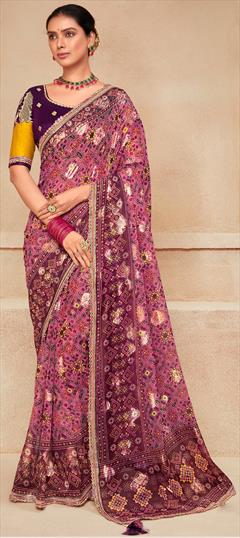 Engagement, Festive, Reception Pink and Majenta color Saree in Georgette fabric with Classic Lace, Printed work : 1933508