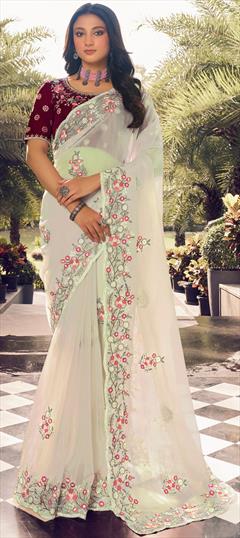 Bridal, Traditional, Wedding White and Off White color Saree in Organza Silk fabric with Classic Embroidered, Sequence, Thread work : 1933559