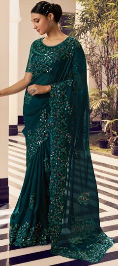 Bridal, Traditional, Wedding Green color Saree in Organza Silk fabric with Classic Embroidered, Sequence, Thread work : 1933560