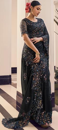 Bridal, Traditional, Wedding Black and Grey color Saree in Organza Silk fabric with Classic Embroidered, Sequence, Thread work : 1933561