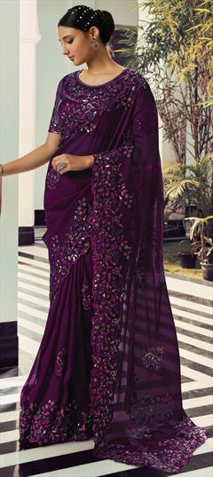 Bridal, Traditional, Wedding Purple and Violet color Saree in Organza Silk fabric with Classic Embroidered, Sequence, Thread work : 1933562