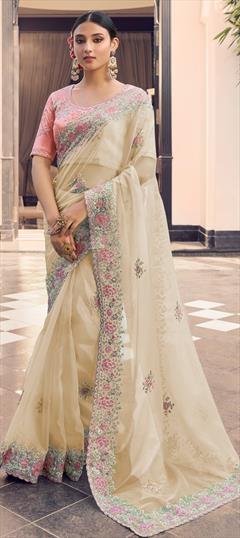 Bridal, Traditional, Wedding Beige and Brown color Saree in Organza Silk fabric with Classic Embroidered, Sequence, Thread work : 1933563