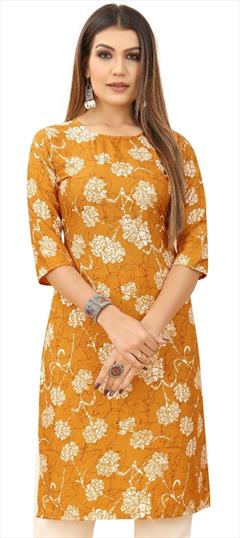 Summer Yellow color Kurti in Crepe Silk fabric with Straight Bandhej, Printed work : 1933698
