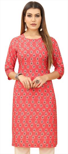Summer Pink and Majenta color Kurti in Crepe Silk fabric with Straight Bandhej, Printed work : 1933701