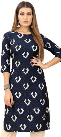 Summer Blue color Kurti in Crepe Silk fabric with Straight Bandhej, Printed work : 1933704