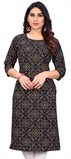 Summer Black and Grey color Kurti in Crepe Silk fabric with Long Sleeve, Rajasthani, Straight Bandhej, Printed work : 1933736