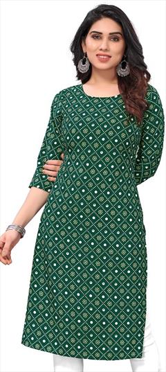 Summer Green color Kurti in Crepe Silk fabric with Rajasthani, Straight Bandhej, Printed work : 1933740