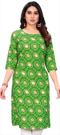 Summer Green color Kurti in Crepe Silk fabric with Rajasthani, Straight Bandhej, Printed work : 1933741