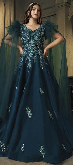 Engagement, Festive, Reception Blue color Gown in Net, Silk fabric with Embroidered, Sequence, Stone, Zircon work : 1933745