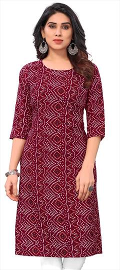 Summer Red and Maroon color Kurti in Crepe Silk fabric with Long Sleeve, Rajasthani, Straight Bandhej, Printed work : 1933746