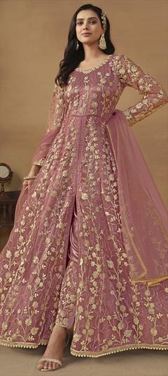 Festive, Reception, Wedding Pink and Majenta color Salwar Kameez in Net fabric with Slits Embroidered, Lace, Sequence, Thread, Zari work : 1933757