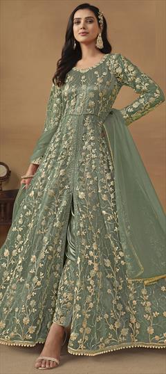 Festive, Reception, Wedding Green color Salwar Kameez in Net fabric with Slits Embroidered, Lace, Sequence, Thread, Zari work : 1933758