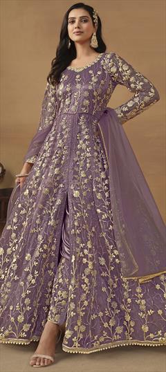 Festive, Reception, Wedding Purple and Violet color Salwar Kameez in Net fabric with Slits Embroidered, Lace, Sequence, Thread, Zari work : 1933761