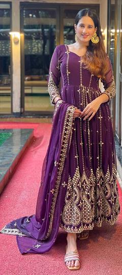 Festive, Reception Purple and Violet color Salwar Kameez in Faux Georgette fabric with Anarkali Embroidered, Sequence, Thread work : 1933803