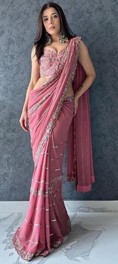 Festive, Reception, Wedding Pink and Majenta color Saree in Georgette fabric with Classic Embroidered, Sequence, Thread work : 1933827