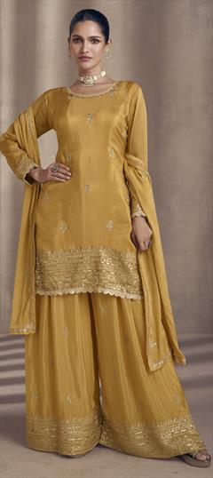 Engagement, Reception, Wedding Gold color Salwar Kameez in Georgette fabric with Palazzo, Straight Embroidered, Sequence, Thread work : 1933922