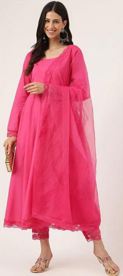 Festive, Reception, Wedding Pink and Majenta color Salwar Kameez in Cotton fabric with Anarkali Lace work : 1933931