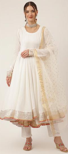 Festive, Reception, Wedding White and Off White color Salwar Kameez in Cotton fabric with Anarkali Sequence work : 1933932
