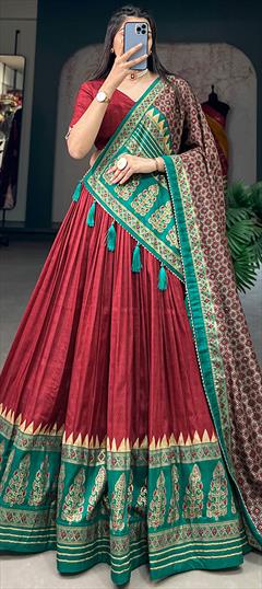 Festive, Reception Green, Red and Maroon color Lehenga in Tussar Silk fabric with Flared Foil Print work : 1933942