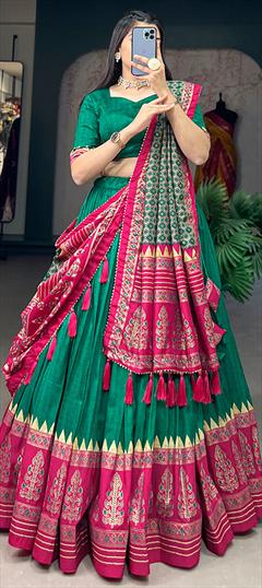 Festive, Reception Green, Pink and Majenta color Lehenga in Tussar Silk fabric with Flared Foil Print work : 1933943
