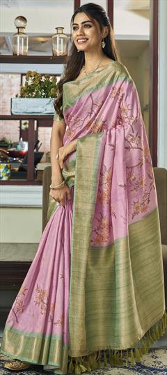 Festive, Reception, Traditional Pink and Majenta color Saree in Handloom fabric with Bengali Floral, Printed, Weaving work : 1933961