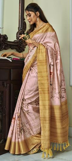 Festive, Reception, Traditional Pink and Majenta color Saree in Handloom fabric with Bengali Floral, Printed, Weaving work : 1933965