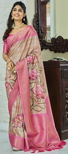 Festive, Reception, Traditional Beige and Brown color Saree in Handloom fabric with Bengali Floral, Printed, Weaving work : 1933966