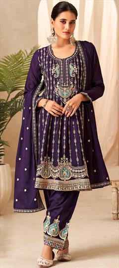 Engagement, Mehendi Sangeet, Wedding Purple and Violet color Salwar Kameez in Silk fabric with Anarkali Embroidered, Sequence, Thread, Zari work : 1934032