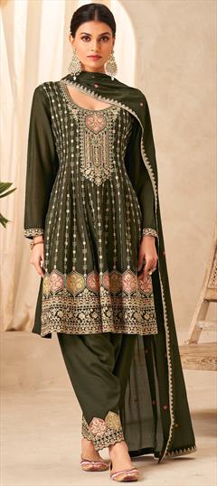 Engagement, Mehendi Sangeet, Wedding Green color Salwar Kameez in Silk fabric with Anarkali Embroidered, Sequence, Thread, Zari work : 1934034