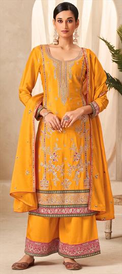 Engagement, Mehendi Sangeet, Wedding Yellow color Salwar Kameez in Silk fabric with Palazzo, Straight Embroidered, Sequence, Thread, Zari work : 1934037