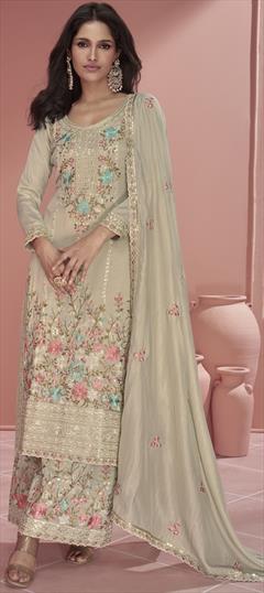 Bollywood Beige and Brown color Salwar Kameez in Organza Silk fabric with Palazzo, Straight Embroidered, Resham, Sequence, Thread work : 1934042