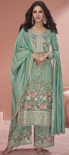 Bollywood Green color Salwar Kameez in Organza Silk fabric with Palazzo, Straight Embroidered, Resham, Sequence, Thread work : 1934046