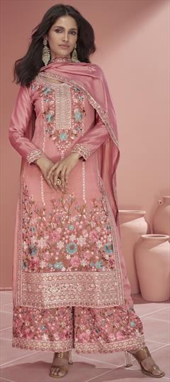 Bollywood Pink and Majenta color Salwar Kameez in Organza Silk fabric with Palazzo, Straight Embroidered, Resham, Sequence, Thread work : 1934047
