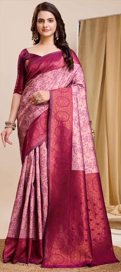 Traditional Pink and Majenta color Saree in Kanjeevaram Silk fabric with South Weaving work : 1934098