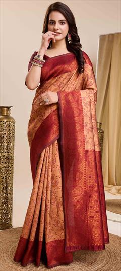 Traditional Pink and Majenta color Saree in Kanjeevaram Silk fabric with South Weaving work : 1934105