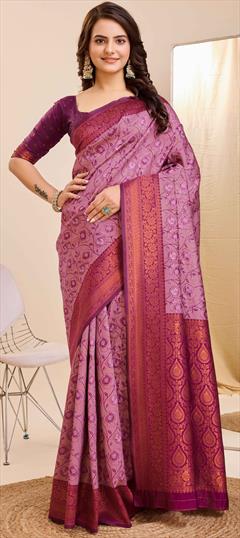 Traditional Pink and Majenta color Saree in Kanjeevaram Silk fabric with South Weaving work : 1934108