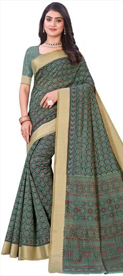 Summer Green color Saree in Cotton fabric with Bengali Printed work : 1934126