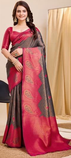 Traditional Black and Grey color Saree in Banarasi Silk fabric with South Weaving work : 1934133