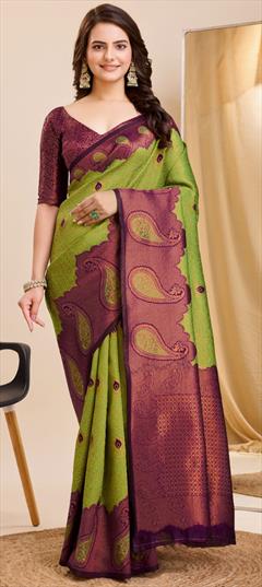 Traditional Green color Saree in Banarasi Silk fabric with South Weaving work : 1934136