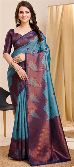 Traditional Blue color Saree in Banarasi Silk fabric with South Weaving work : 1934139