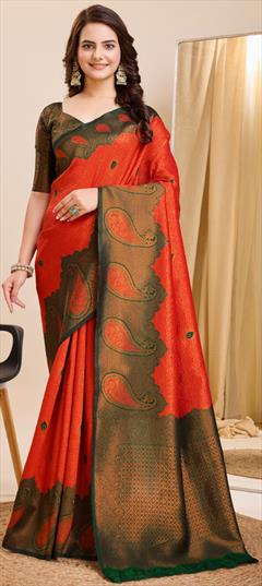 Traditional Orange color Saree in Banarasi Silk fabric with South Weaving work : 1934142