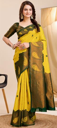 Traditional Yellow color Saree in Banarasi Silk fabric with South Weaving work : 1934143