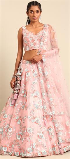 Bridal, Wedding Pink and Majenta color Lehenga in Net fabric with Flared Stone work : 1934171